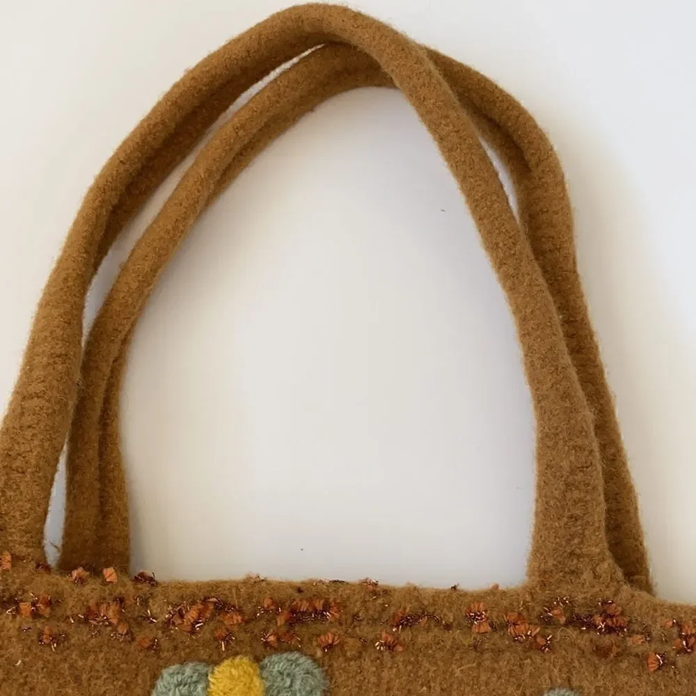 Vintage Felted Wool Embellished Mustard Yellow Purse Handbag